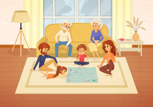 Family holidays cartoon composition the whole family gathered in the living room to play board games illustration