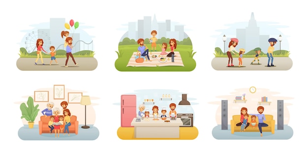 Family Holidays Flat Cartoon Icon Set