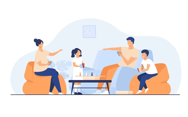 Free Vector family home activities concept. happy boy and girl with parents playing board games with cards and dices in living room. for entertainment, togetherness, having together topics