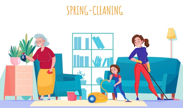 Family household chores flat composition with grandma mother little daughter vacuuming spring cleaning living room  illustration