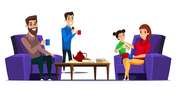 Free Vector family indoor recreation parents relaxing at home hotel room mother father and daughter sitting and drinking hot beverages cartoon characters