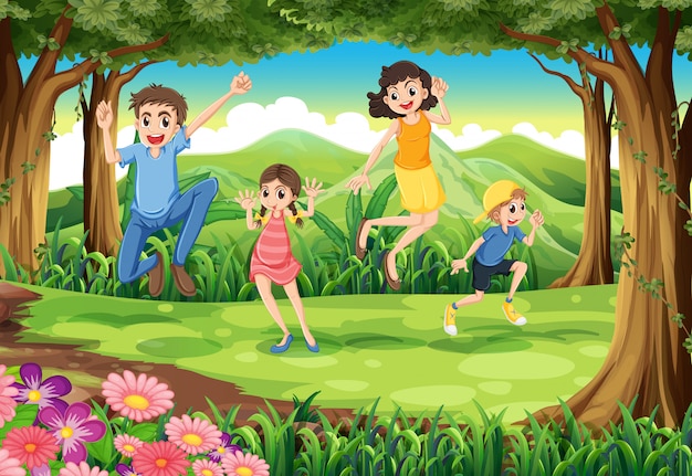 Free Vector a family jumping in the forest