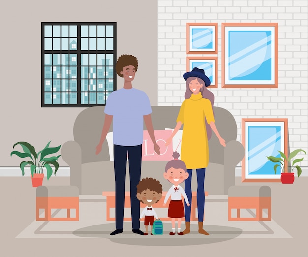 Family members in livingroom house scene