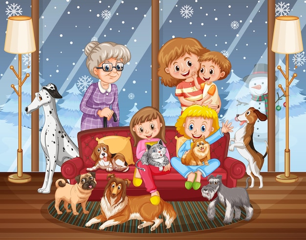 Free Vector family members with their pet in the living room scene