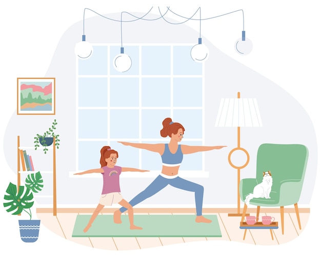 Free Vector family morning routine flat composition with mom and daughter doing fitness indoors vector illustration