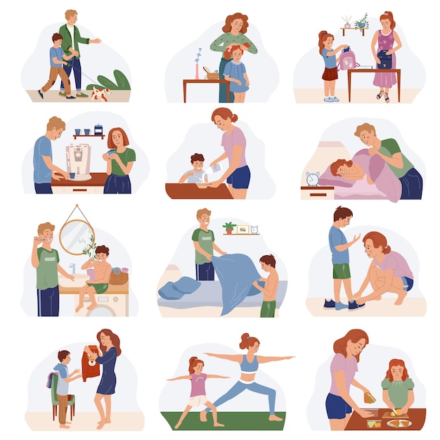 Free Vector family morning routine flat icons set with kids and adults preparing to work and school isolated vector illustration