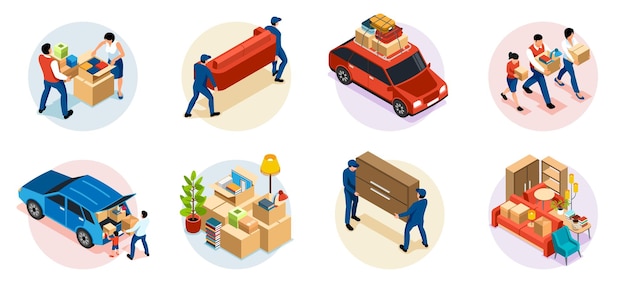 Free vector family moving compositions set with movers and owners carrying furniture and boxes loading packed belongings into car 3d isometric isolated vector illustration