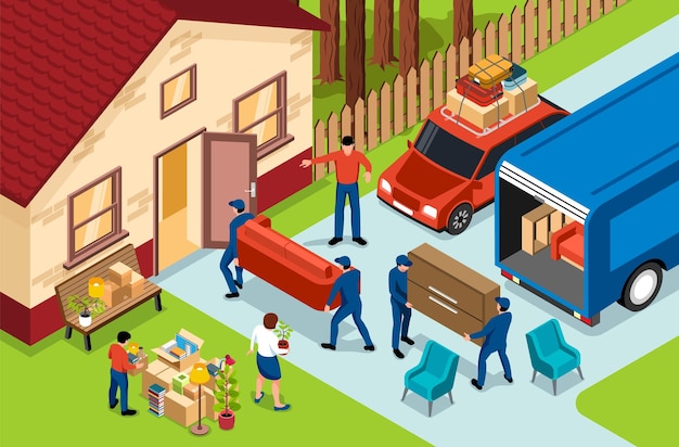 Free vector family moving isometric composition with movers unloading van and carrying furniture into new house 3d vector illustration