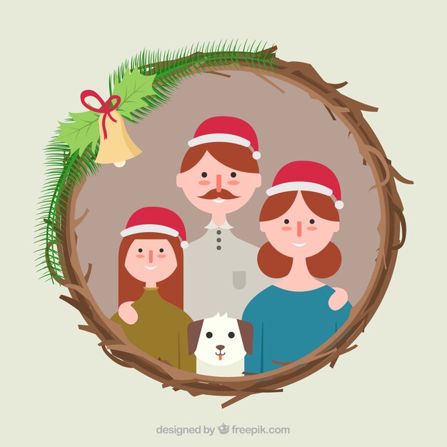 Family photo in a christmas wreath frame