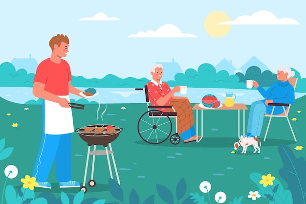 Free Vector family picnic flat concept with man and his elderly parents having bbq on lake shore vector illustration