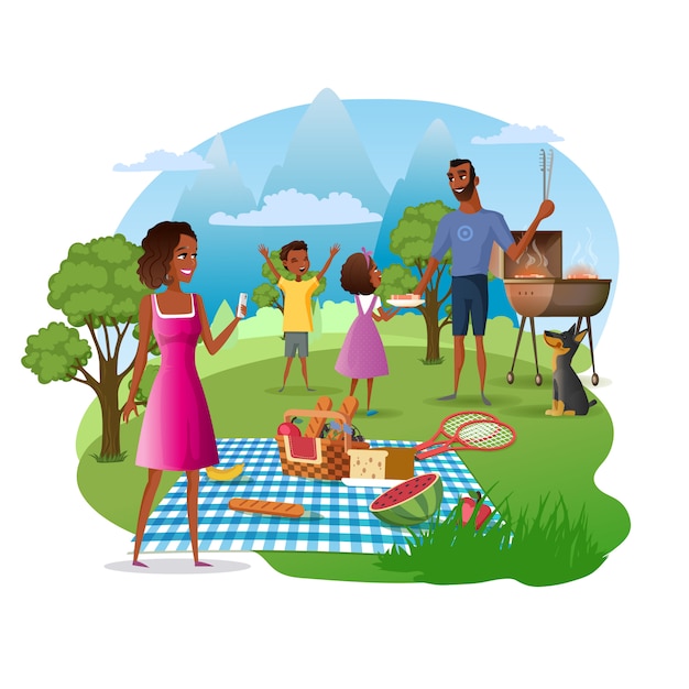 Family Picnic in National Park Cartoon Vector