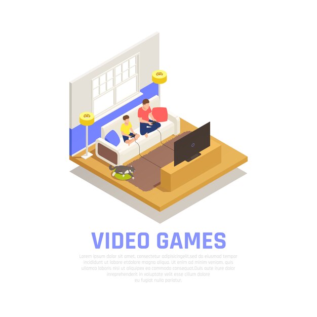 Family playing composition with video games symbols isometric 