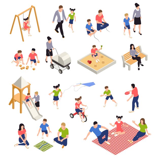 Family playing isometric icons set with parents and children isolated 