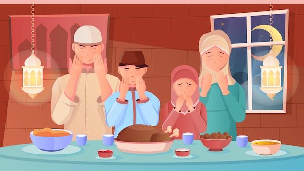 Family praying before iftar dinner during ramadan flat illustration