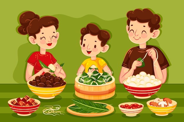 Free Vector family preparing and eating zongzi