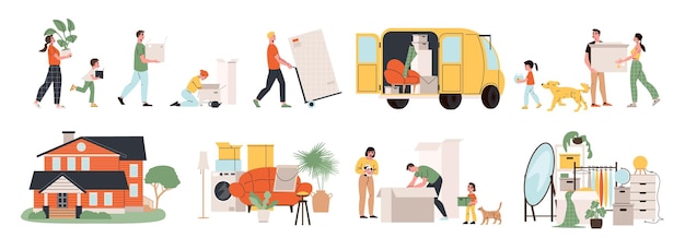 Family relocating flat set of parents with their kids moving to new house isolated vector illustration