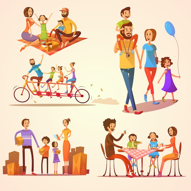 Free Vector  family retro cartoon set