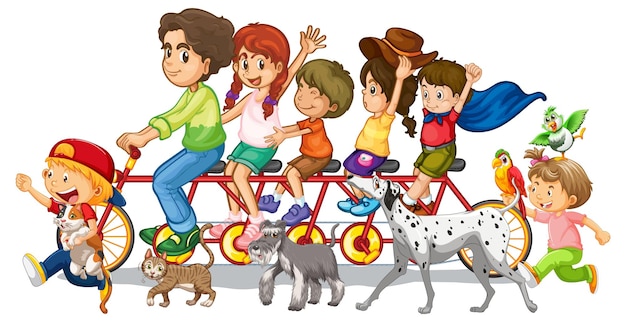 Free Vector family rides a bicycle with their pets on white background