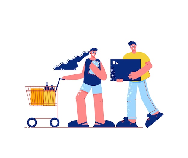 Free Vector family shopping flat composition with characters of man holding box and woman with trolley cart