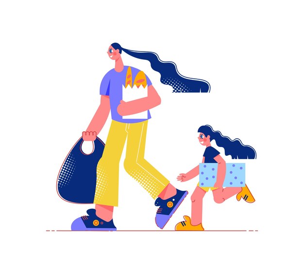 Family shopping flat composition with characters of mother and daughter with shopping bags