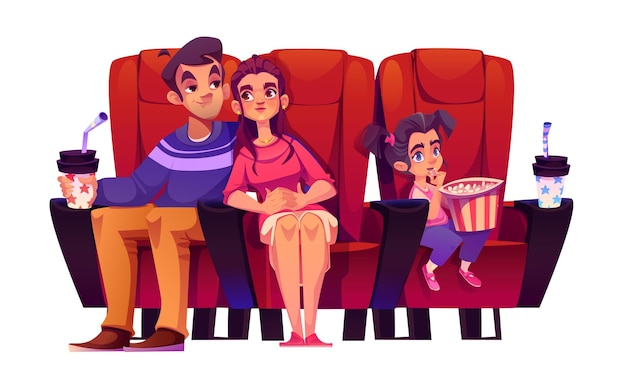 Free Vector family sitting in cinema red armchairs