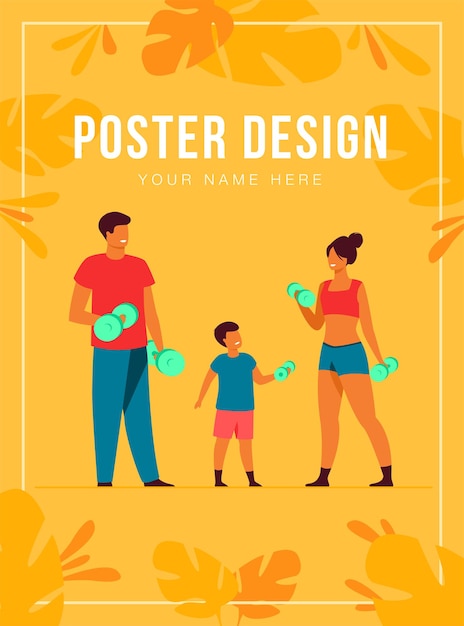 Family sport activity concept. Parents and child lifting weight, exercising with dumbbells at home.  illustration for quarantine, body training, indoor workout topics