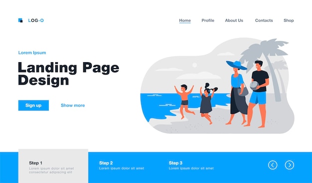 Family on summer vacation concept landing page in flat style