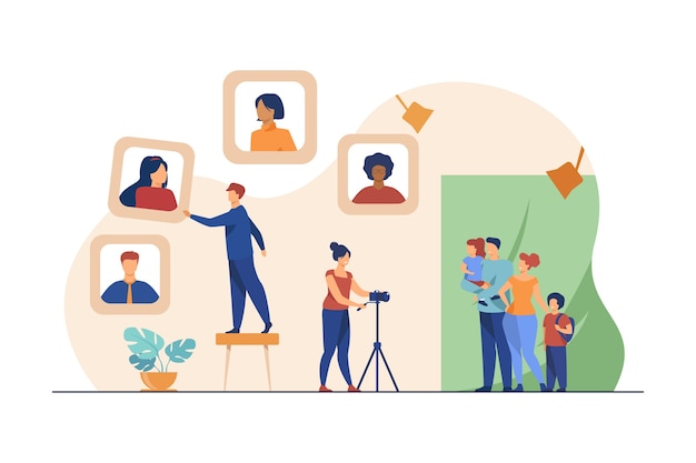 Family taking picture at photographic studio. Portrait, camera, photographer flat vector illustration. Photography and expression 