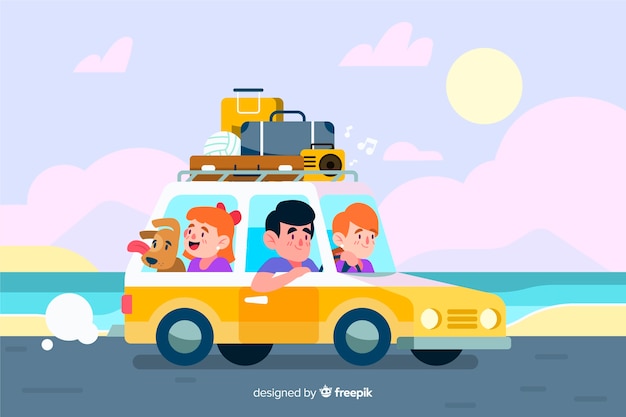 Family traveling by car next to the sea