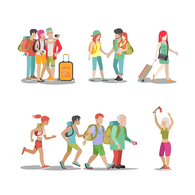 Family vacation set. Man woman children going have fun interesting holidays illustration. Travelling tourism life style collection.