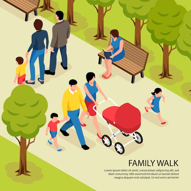 Family walk isometric with young parents walking in city park with newborn and little son