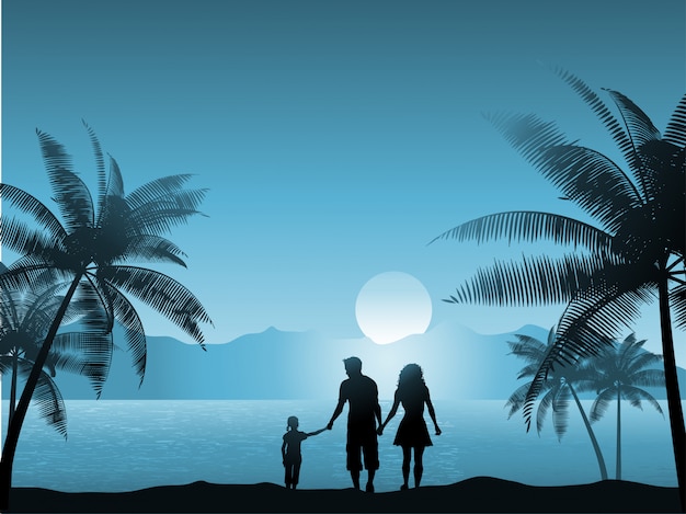 Free Vector family walking on the beach at night