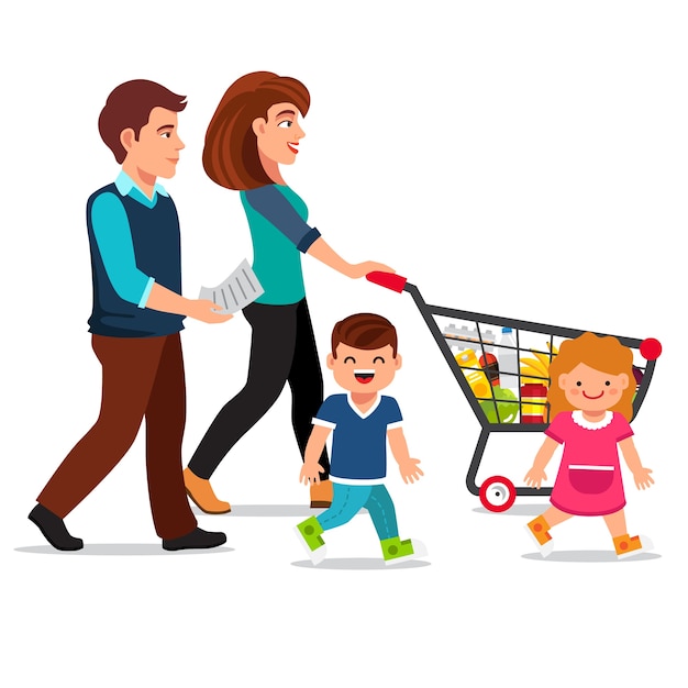 Free Vector family walking with shopping cart