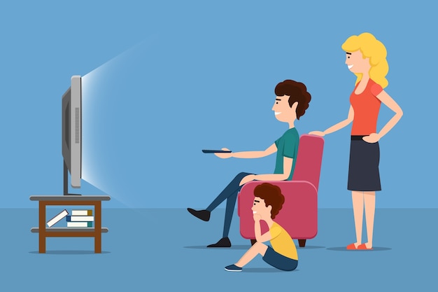 Family watching TV. Woman man child and screen. Vector flat illustration