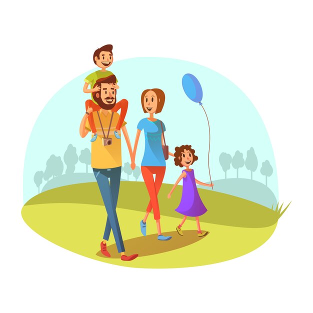 Family weekend concept with parents and children walking cartoon vector illustration 