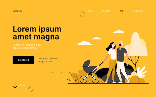 Free Vector family with baby in pram wearing masks landing page in flat style