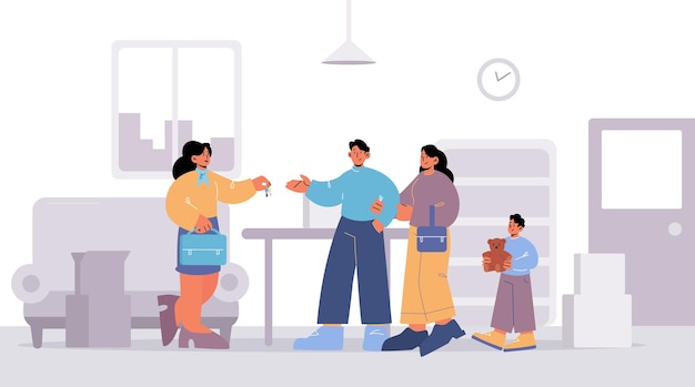 Family with child buying house real estate agent giving keys to buyers in office Happy couple with kid purchasing property Parents characters with son move to new home Line art vector illustration