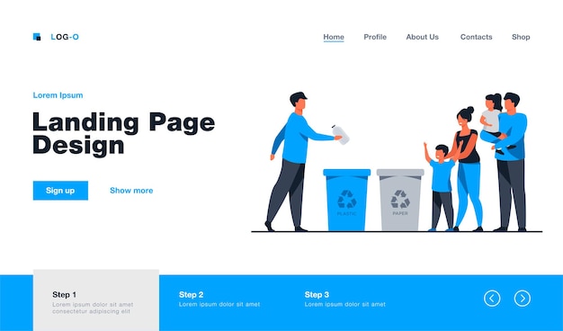 Family with kids watching garbage sorting. Plastic, ecology, trash flat  illustration. Environment and recycling concept website design or landing web page