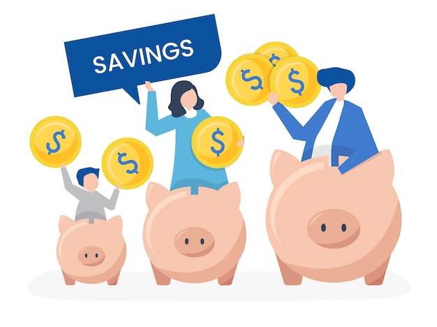 Free Vector family with savings and piggy bank icons illustration