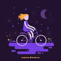 Free vector fantastic background of girl with bicycle in a night landscape