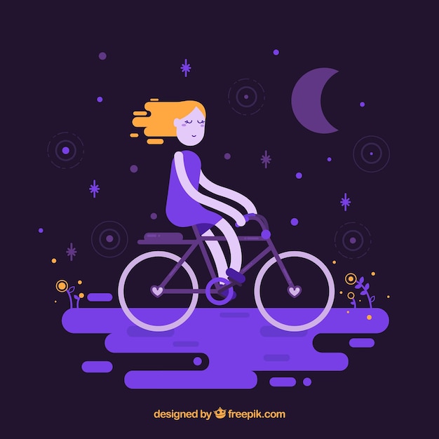 Fantastic background of girl with bicycle in a night landscape