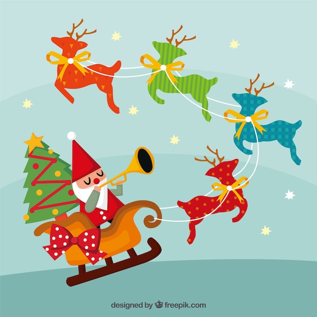 Free vector fantastic christmas background with santa claus and colorful deers