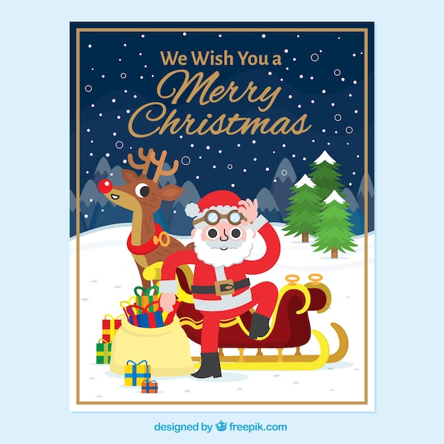 Fantastic greeting card for christmas with santa claus in flat design