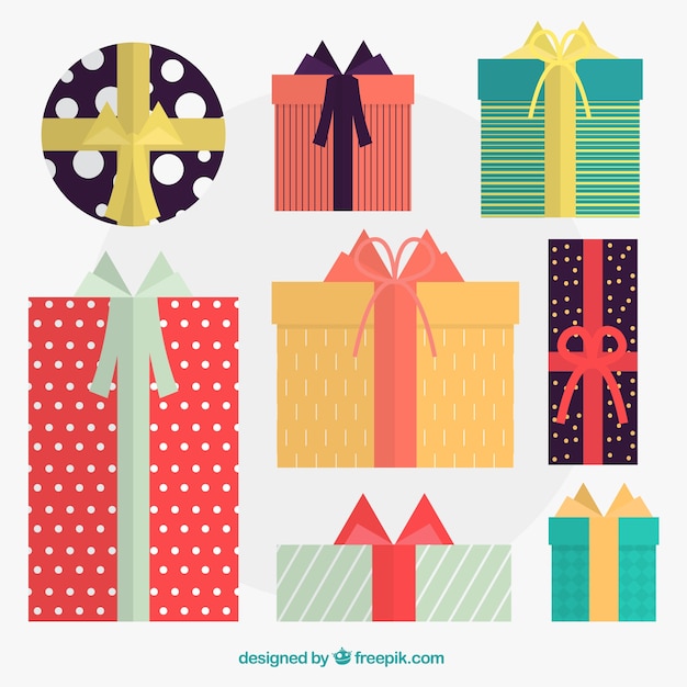 Fantastic pack of christmas gifts with colorful ribbons