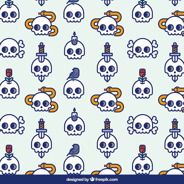 Fantastic pattern of skulls with decorative objects