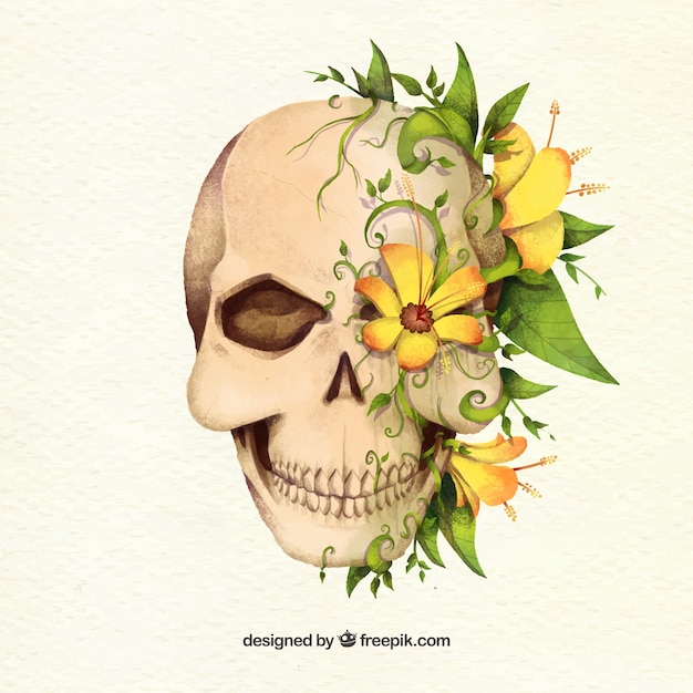 Free Vector fantastic skull with decorative yellow flowers