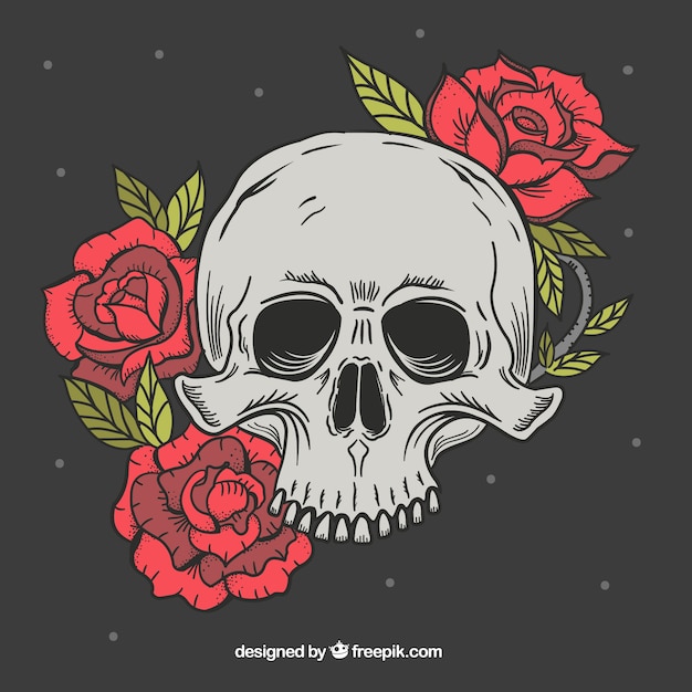 Fantastic skull with red flowers in hand-drawn style