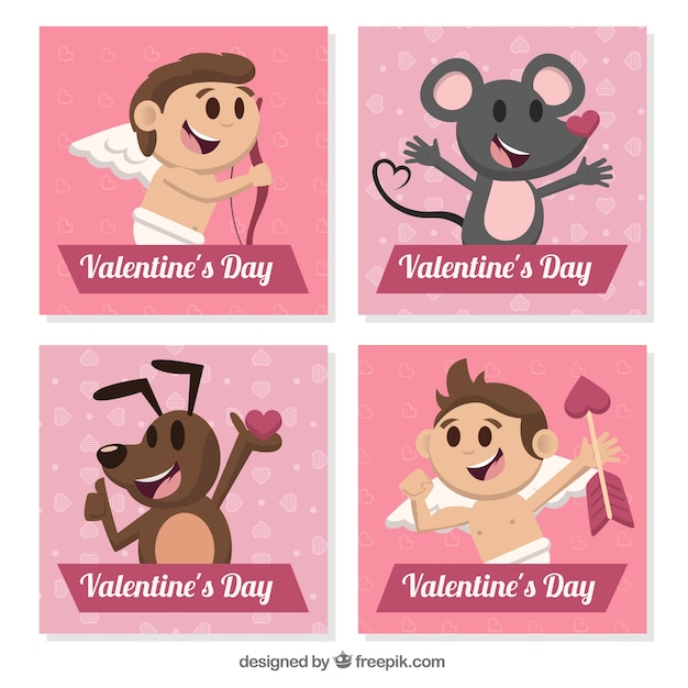 Free Vector fantastic valentine's day cards with cute characters