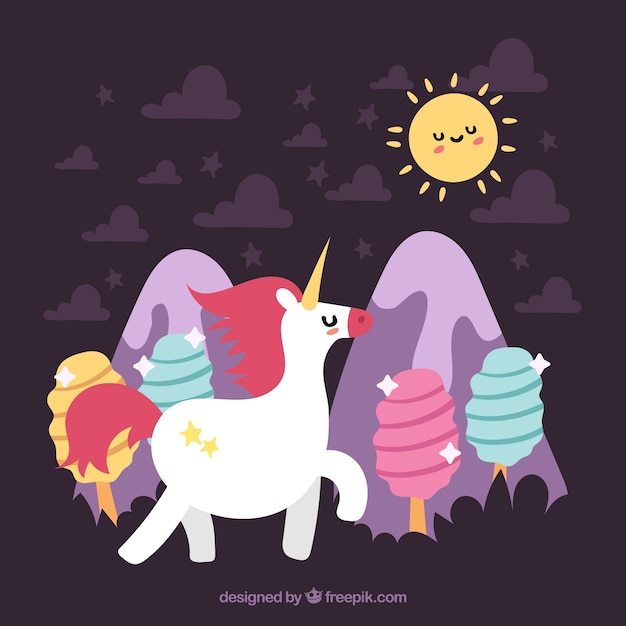 Fantastic world background with cotton candy and unicorn