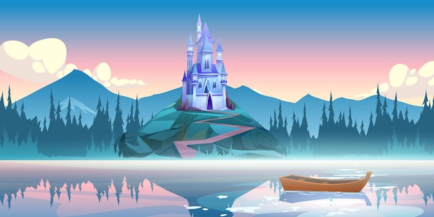 Free Vector fantasy blue castle on rock at morning